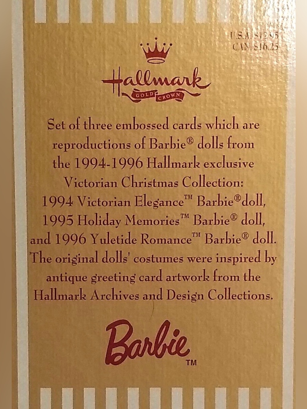 1996 Vintage Hallmark Victorian Christmas Barbie Trifold Card Set with Envelopes - Picture 5 of 6